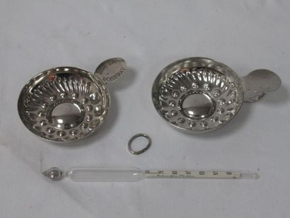 null ŒNOLOGY Lot including 2 silver plated tastevins (one damaged) and a thermom...