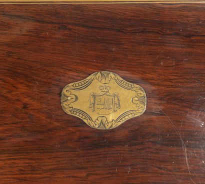 null GARNESSON (Royal Palace) Wooden veneer box, decorated with brass fillets, lid...