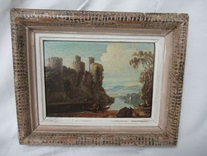  Ecole du XIXe siècle "Paysage au château" Huile sur panneau. 16 x 20 cm Cadre en...