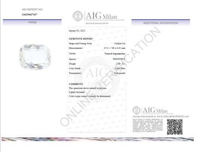 null Aquamarine, cushion cut, 2.38 carats. Certificate AIG MILAN.