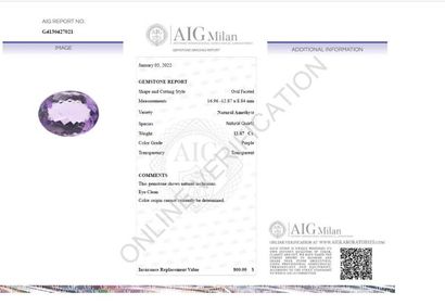 null Amethyste, taille ovale, 11,87 carats. Certificat AIG MILAN.