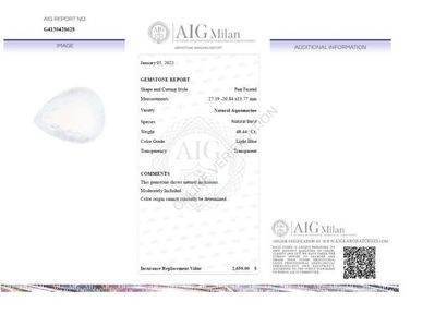 null Aigue marine, ovale, 57,94 carats. Certificat AIG MILAN.