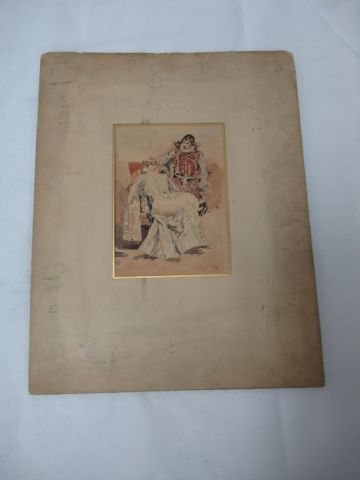 null Ecole du XIXe siècle "Personnages en costume du XVIe siècle". Aquarelle. 15...