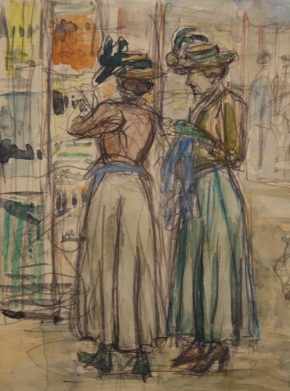 null BENEZIT 

"Young Women in a Department Store".

Watercolor drawing, signed and...