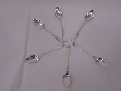 null Suite of 6 silver coffee spoons. First cock, MO: LC. Monogrammed. 87 g