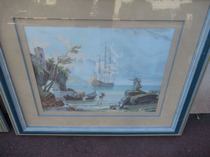 null In the taste of the School of Naples "Views of animated port" Pair of gouache...