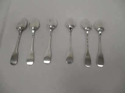 null Suite of 6 silver coffee spoons. First cock, MO: LC. Monogrammed. 87 g