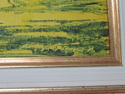 null MORINI "Paysage à la maison" Huile sur carton. 14 x 36 cm Cadre en bois laqué...