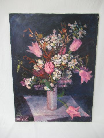 null BOUILLOT "Nature morte au bouquet" HST SBG. 60 x 46 cm