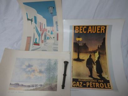 null Lot comprenant une reproduction d'affiche "Becauer", une lithographie en couleurs...