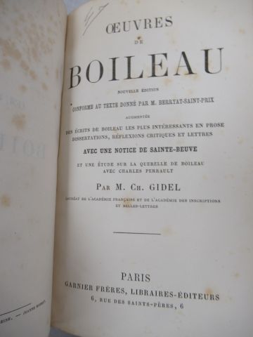 null Lot de 3 livres :
- Boileau "Œuvres" Paris, Garnier
- Bernardin de Saint Pierre...