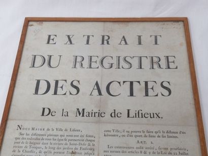 null Document ancien encadré "Extrait du registres des Actes de la Mairie de Lisieux"...