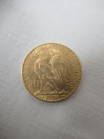 null Pièce de 20 francs en or, Coq, 1908, poids 6,46 g.