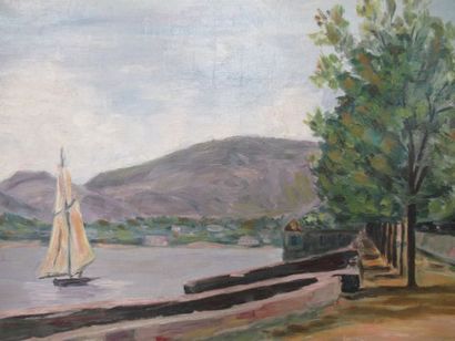 null P. SIVRY, "Paysage au voilier", huile sur toile, 46x55 cm, cadre en bois la...