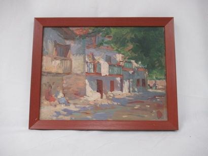 null ECOLE MODERNE, "Vue de village", huile sur panneau, 25x33 cm, cadre en bois...