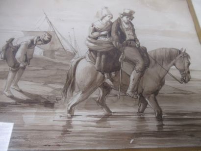 null Dessin à l'encre figurant un couple sur un cheval (d'après C.MOZIN), 18 x 25...