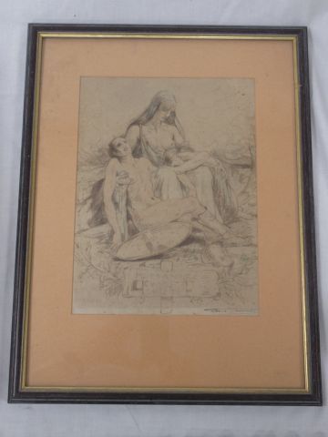 null Dessin ancien "Humanité, charité, Piété". Encre aquarellée. Encadrée sous verre....