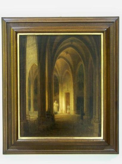 Ecole française XIXe Intérieur d'église Huile sur toile, signée en bas à gauche "Boudet"...