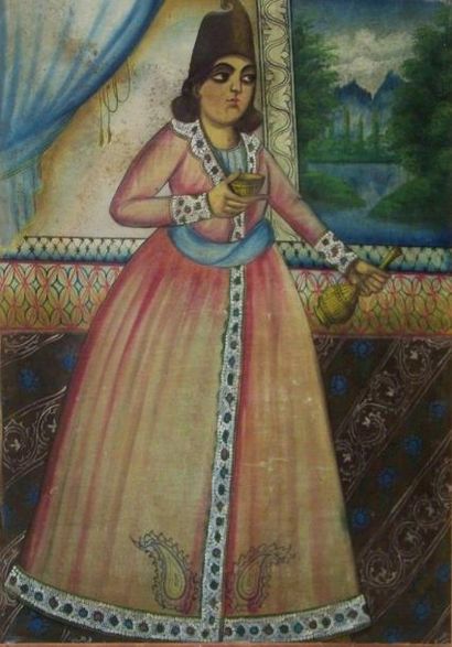 Ecole persane du XIXe siècle Portrait de prince qadjar Huile sur toile, marouflée...