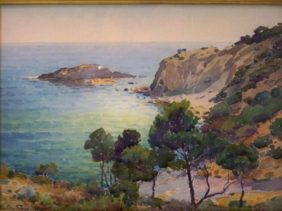 Eugenio GAYS (Italie, 1861-1938) Paysage côtier Aquarelle 26,5 x 36 cm