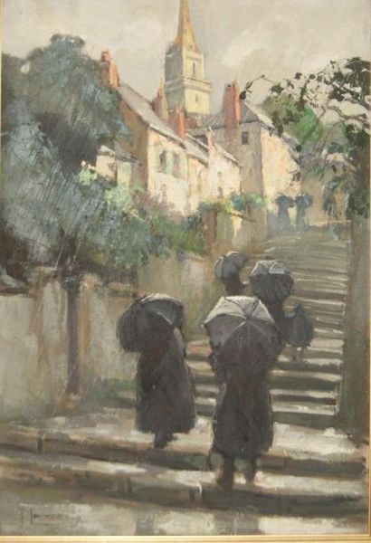 Jean MAREC Village breton sous la pluie Huile sur toile Signée en bas, à gauche Haut.:...