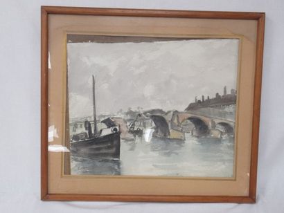 null Modern school "Landscape with Bridge" Watercolor. Signed. 36 x 44 cm (on view,...