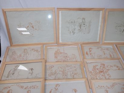 null Lot of 14 ink drawings depicting Asian scenes. (stains, tears) Framed in glass,...