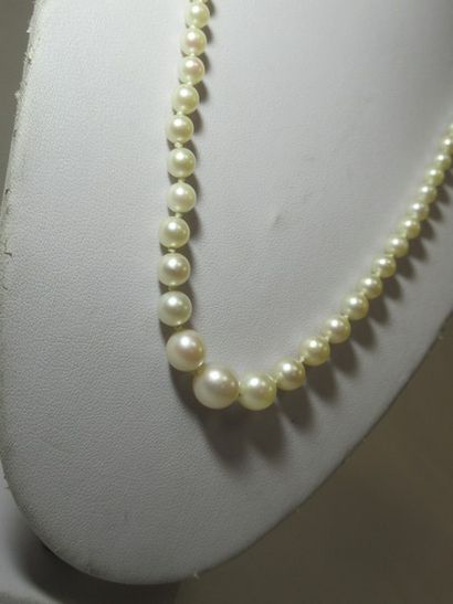 null Cultured pearl necklace, clasp paved with white and blue stones. Length: 24...