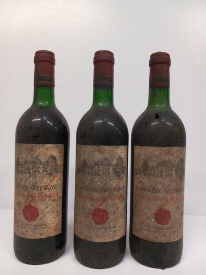 null 3 bottles Château Récougne 1985 Bordeaux (LB, dirty bottles)