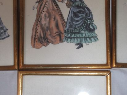 null Series of 7 paintings on silk, depicting 19th-century outfits. Framed under...