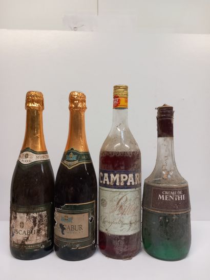 null 4 Bottles: 2 sparkling wine, one campari, one crème de menthe (as is: very low...