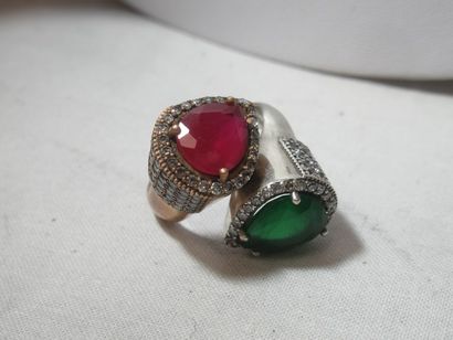 null Silver and vermeil ring, set with a ruby (treated) and a glass cabochon, in...