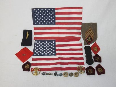 null Small lot of military insignia and decorations. Includes 2 small American flags...