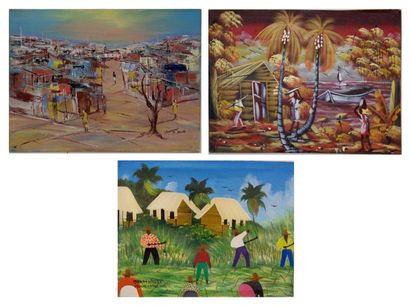 Ecole haïtienne du XXe siècle Villages animés, ensemble de trois huiles sur toiles...