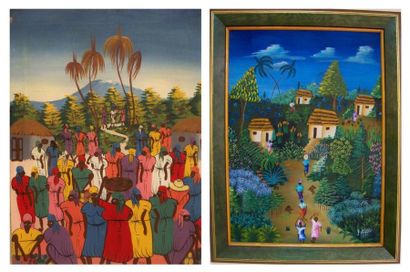 Ecole haïtienne du XXe siècle Villages animés, deux huiles sur toiles signées "Tony...