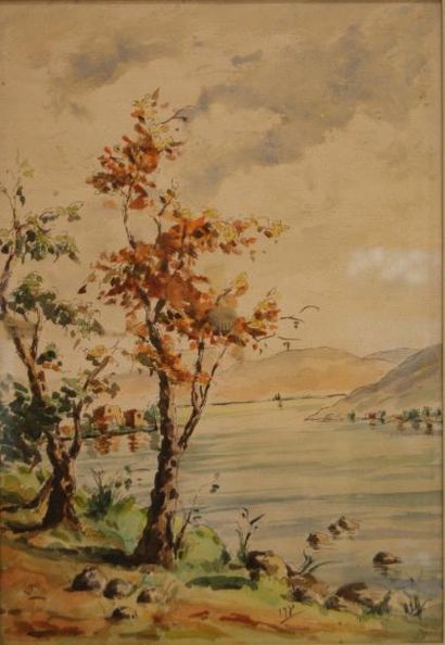 École FRANÇAISE du XXe siècle Paysage lacustre, plume et aquarelle, 53 x 38