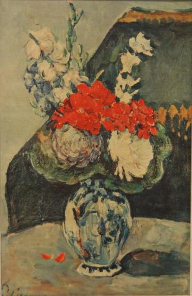 Reproduction d'après Cézanne Fleurs dans un petit vase de Delft, toile, 40 x 26 ...