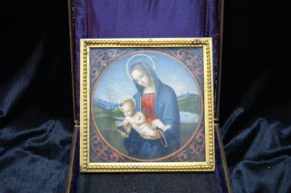 Ecole ITALIENNE du XIXe siècle, d'après RAPHAEL Vierge à l'Enfant, peinture sur plaque...