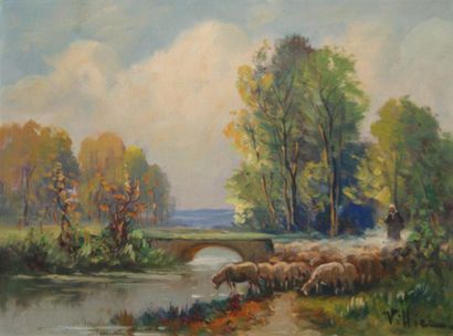 Ecole Moderne Paysage avec un berger et ses moutons. Huile sur toile signée "Villezo"...