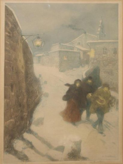 Lionello BALESTRIERI (1872-1958) Personnages dans la neige Grande gravure en couleurs....