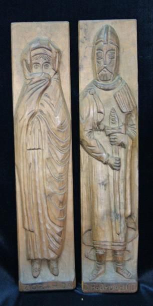 null Paire de plaques en bois sculpté figurant D. Rordrigo Elcid et Zorahida, Ht...