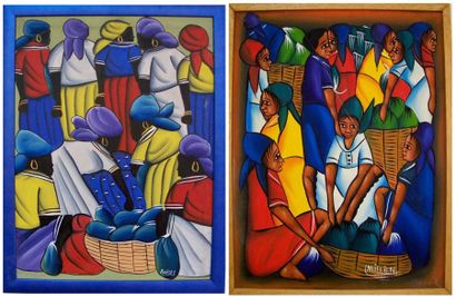 Ecole haïtienne du XXe siècle Personnages, deux huiles sur toile signées "André"...