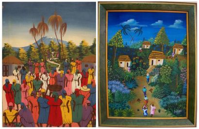 Ecole haïtienne du XXe siècle Villages animés, deux huiles sur toiles signées "Tony...