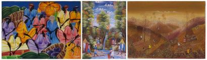 Ecole haïtienne du XXe siècle Scènes animées, ensemble de trois huiles sur toile,...