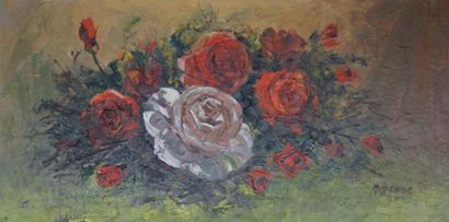 Ecole Moderne Bouquet de roses, huile su toile, signée Rudenne, 50 x 100 cm