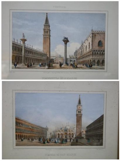 null Deux gravures en couleurs, Vues de la place Saint Marc à Venise, D'après M....