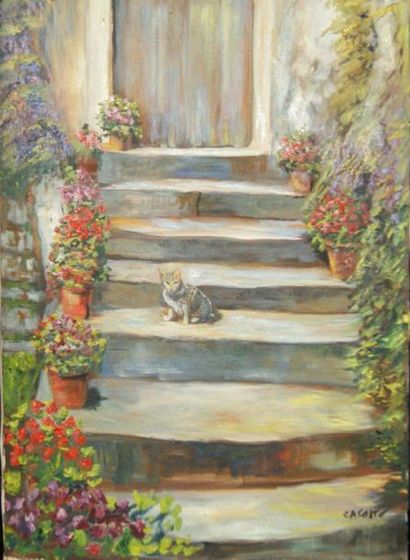 null Huile sur toile figurant un chat sur un escalier, signée Casotto. 70 x 50 c...