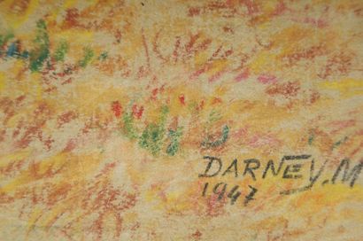 Maurice Darney Meule de foin et maison, pastel, signé et daté "Darney 1947"