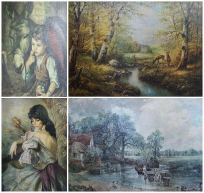 null Lot de 4 grandes reproductions sur toiles: deux paysages et un portrait