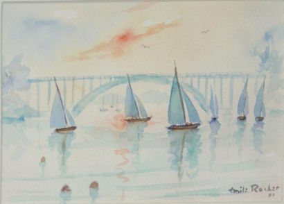 Emile ROCHER (1928-) La Trinité sur mer, Régates. Aquarelle. Signée et datée "91",...
